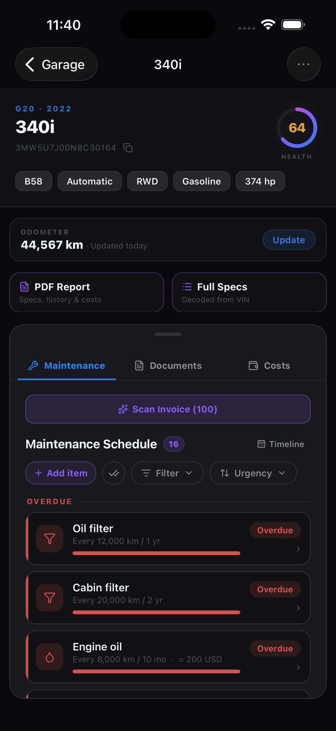 SixLine — Vehicle Details screen
