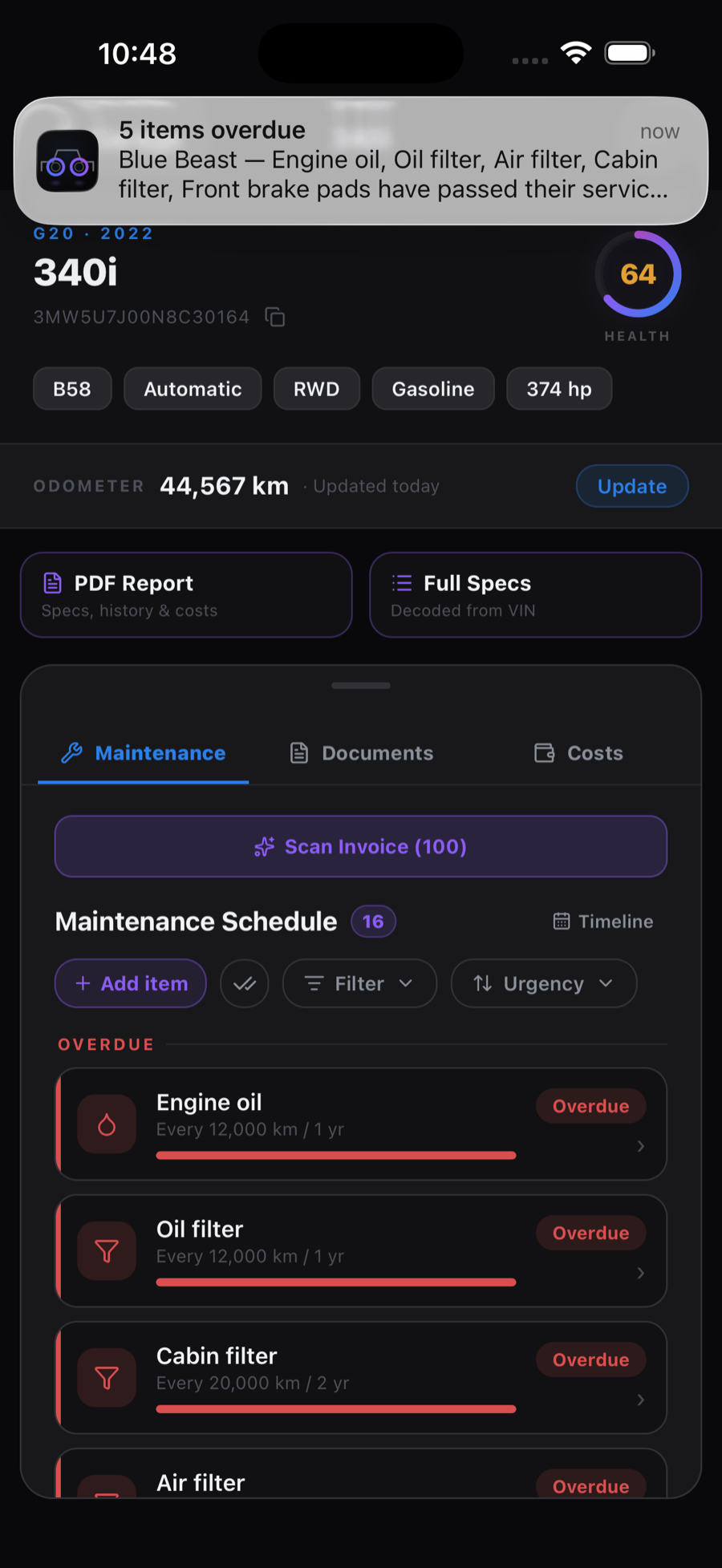 SixLine — service reminder notification on the Vehicle Details screen
