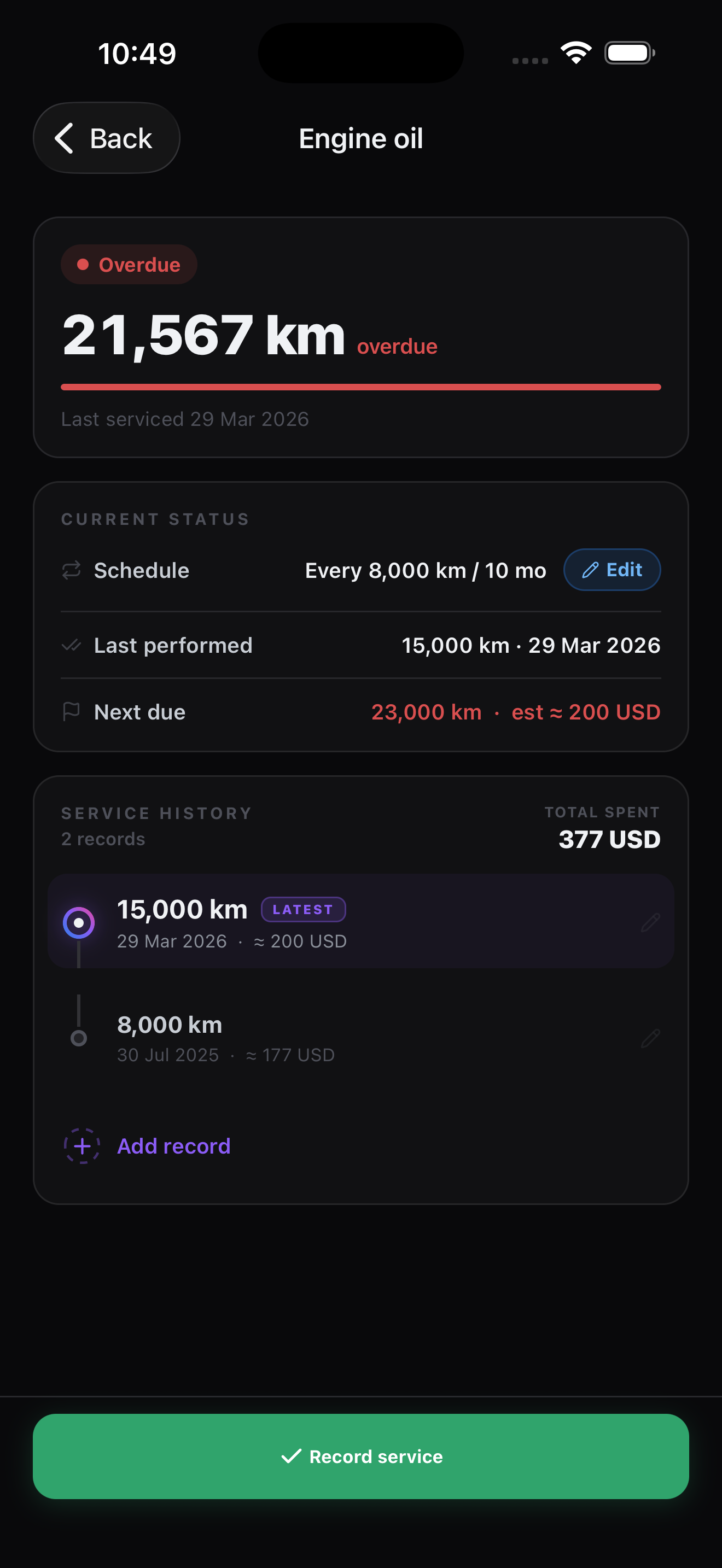 SixLine — Maintenance Item screen