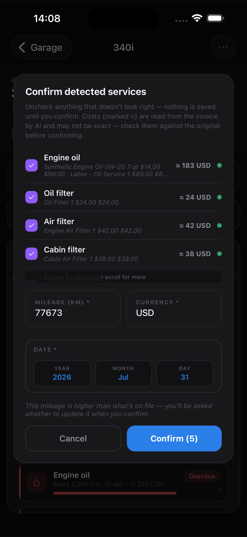 SixLine confirming detected services, costs and mileage