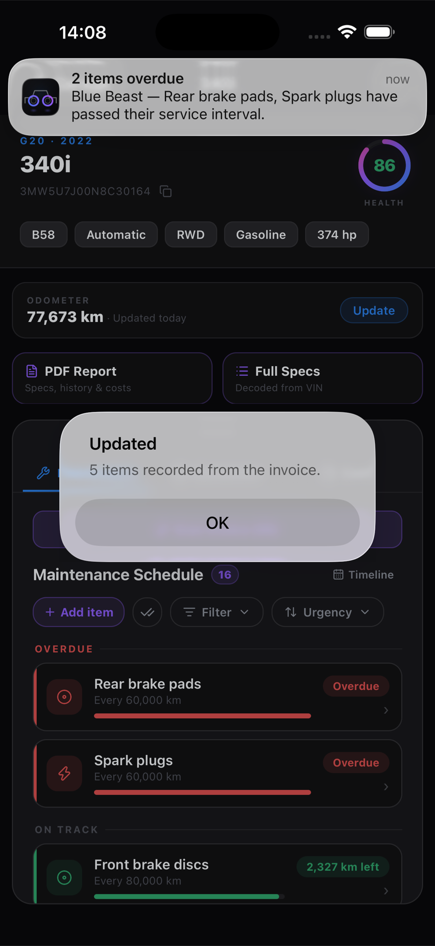 SixLine health score updated from 64 to 86 after the scan