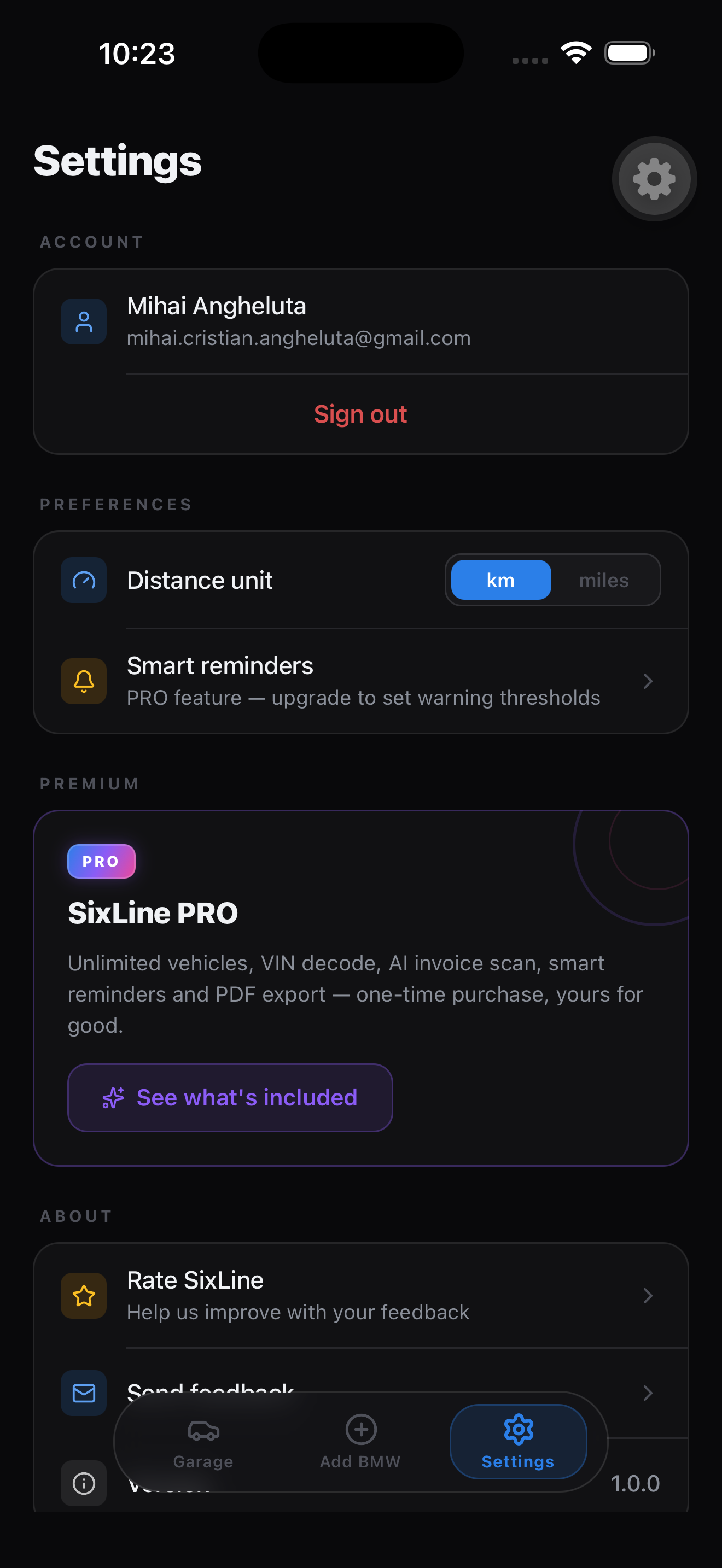 SixLine — Settings screen