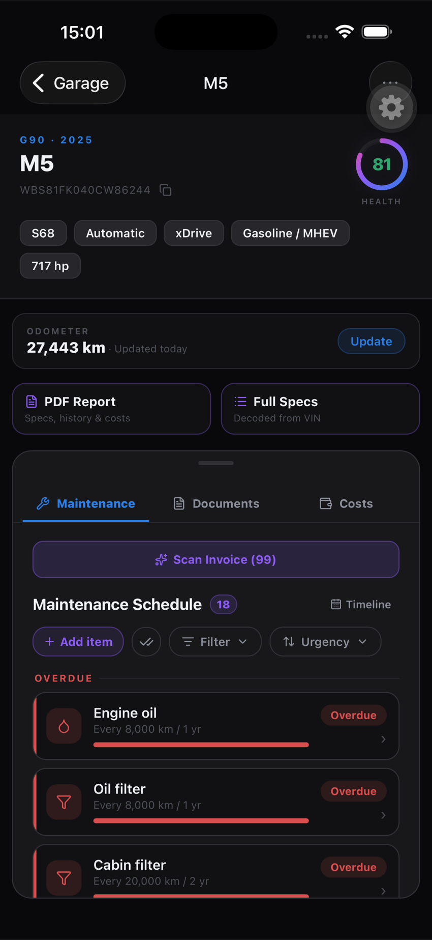 A full 18-item maintenance schedule built instantly for the decoded M5